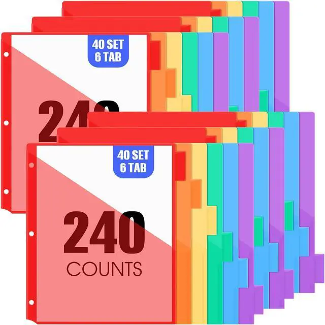 Main image of 40 Sets Binder Dividers with Tabs Pockets 6 Tab Plastic Dividers for 3 Ring Binder for School Office Document Organizers Protection (Multicolor)