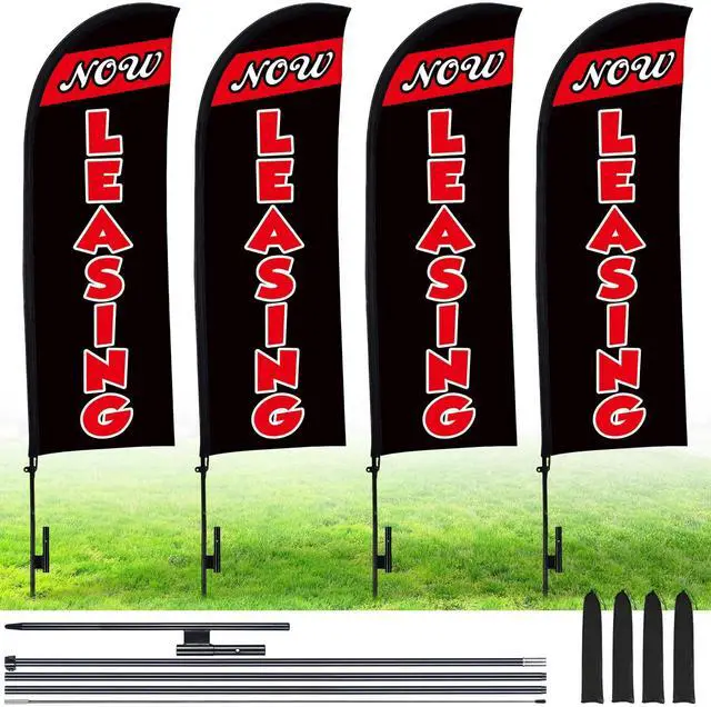 Main image of 4 Sets 15ft Now Leasing Flags Banners for Advertising with Flagpole Ground Stake Portable Bag Feather Now Leasing Signs Banner for Business Advertising(Black)