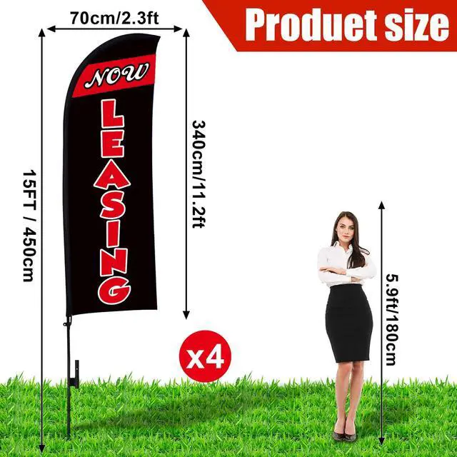 Alt view image 2 of 6 - 4 Sets 15ft Now Leasing Flags Banners for Advertising with Flagpole Ground Stake Portable Bag Feather Now Leasing Signs Banner for Business Advertising(Black)