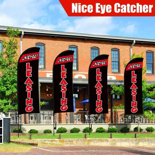 Alt view image 3 of 6 - 4 Sets 15ft Now Leasing Flags Banners for Advertising with Flagpole Ground Stake Portable Bag Feather Now Leasing Signs Banner for Business Advertising(Black)