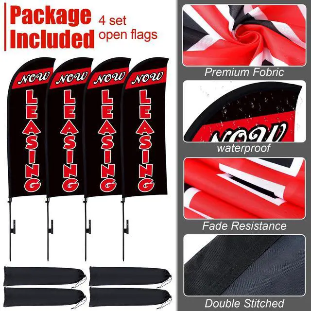 Alt view image 4 of 6 - 4 Sets 15ft Now Leasing Flags Banners for Advertising with Flagpole Ground Stake Portable Bag Feather Now Leasing Signs Banner for Business Advertising(Black)
