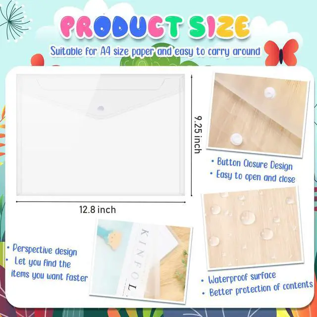 Alt view image 2 of 6 - 200 Pack Clear Envelopes A4 Plastic Folder with Snap Closure Button Bulk Letter Size Poly Document File Folder Pouch Organizer for Office Home, Transparent