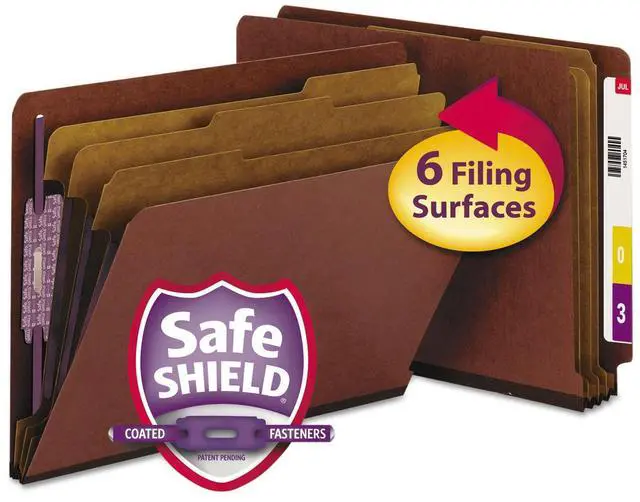 Main image of 100% Recycled End Tab Pressboard Classification File Folder with SafeSHIELD Fasteners, 3 Dividers, 3" Expansion, Letter Size, Red, 10 per Box (26865)