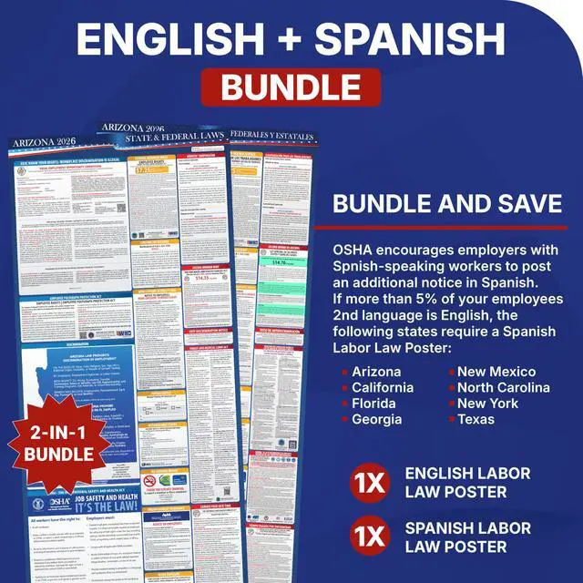 Alt view image 2 of 6 - 2026 Arizona State & Federal Mandatory Labor Law Poster, OSHA Compliant (English Spanish Combo)