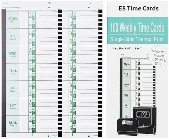 Main image of 600 E8 Weekly Thermal Time Cards, Compatible with Lathem 2100HD & 800P | Employee Time Clock Cards, Single-Sided Format with Named Days