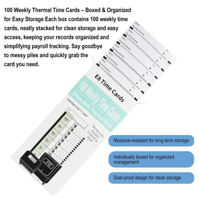 Alt view image 4 of 5 - 600 E8 Weekly Thermal Time Cards, Compatible with Lathem 2100HD & 800P | Employee Time Clock Cards, Single-Sided Format with Named Days