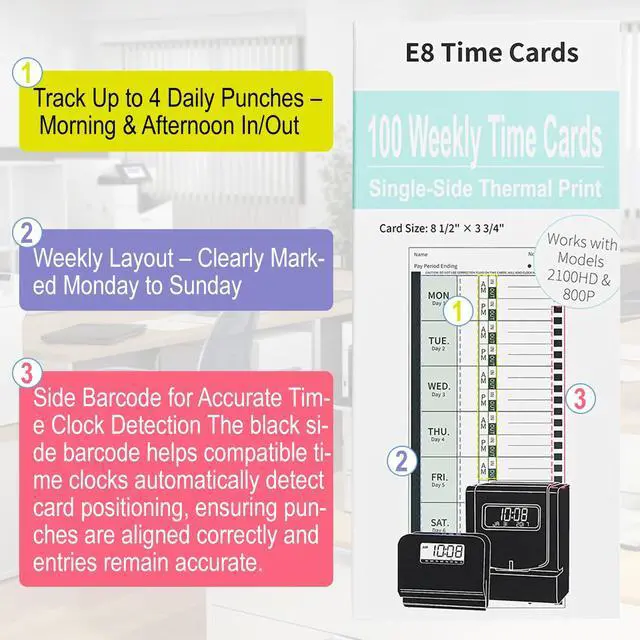 Alt view image 5 of 5 - 600 E8 Weekly Thermal Time Cards, Compatible with Lathem 2100HD & 800P | Employee Time Clock Cards, Single-Sided Format with Named Days