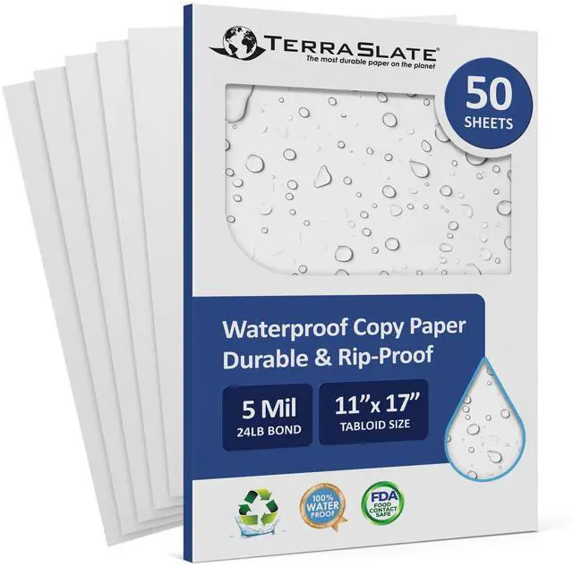 Main image of Waterproof Paper, Rip-Proof Paper, 50 Sheets, 5 Mil (24lb Bond), 11 x 17, Laser Printer and Copy Machine Compatible