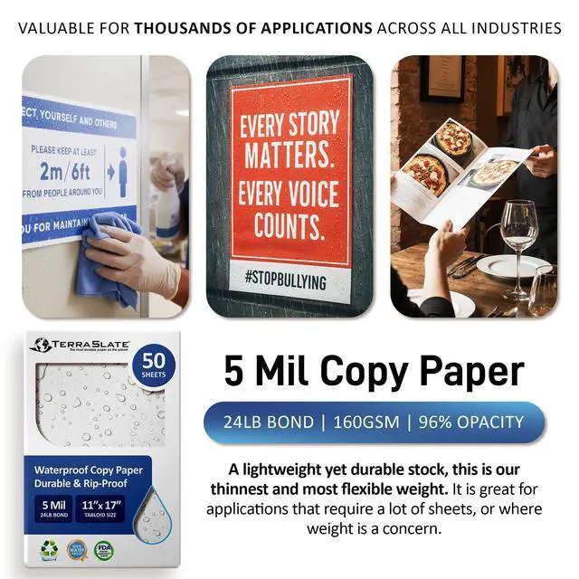 Alt view image 6 of 6 - Waterproof Paper, Rip-Proof Paper, 50 Sheets, 5 Mil (24lb Bond), 11 x 17, Laser Printer and Copy Machine Compatible