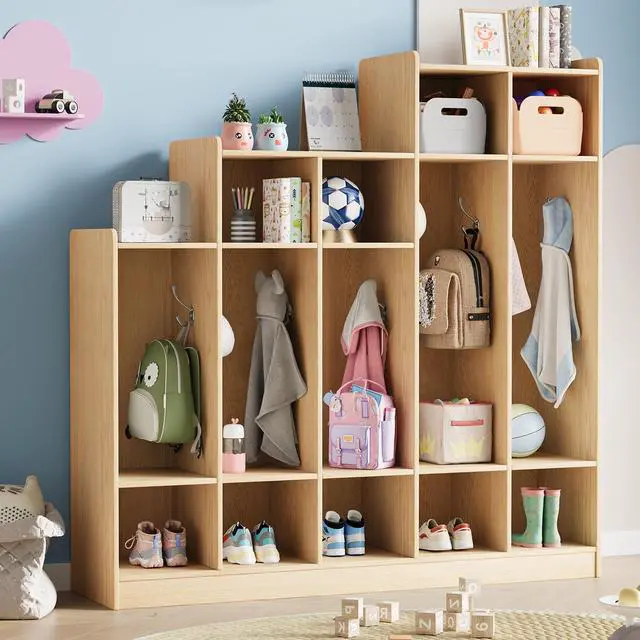 Main image of 5-Section Classroom Coat Locker with 9 Cubbies, Daycare Cubby Storage Organizer with 10 Hooks for Home, School, Nursery, Kindergarten, Natural