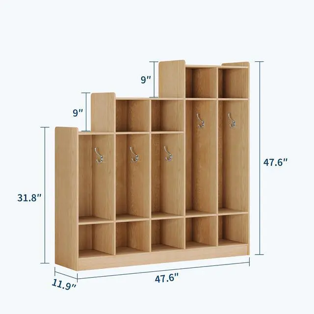 Alt view image 2 of 6 - 5-Section Classroom Coat Locker with 9 Cubbies, Daycare Cubby Storage Organizer with 10 Hooks for Home, School, Nursery, Kindergarten, Natural