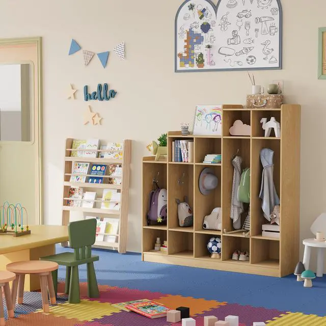 Alt view image 3 of 6 - 5-Section Classroom Coat Locker with 9 Cubbies, Daycare Cubby Storage Organizer with 10 Hooks for Home, School, Nursery, Kindergarten, Natural