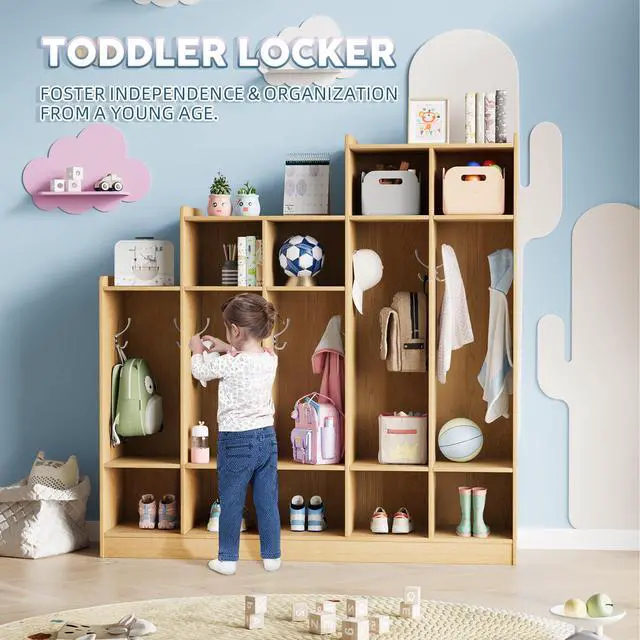 Alt view image 5 of 6 - 5-Section Classroom Coat Locker with 9 Cubbies, Daycare Cubby Storage Organizer with 10 Hooks for Home, School, Nursery, Kindergarten, Natural