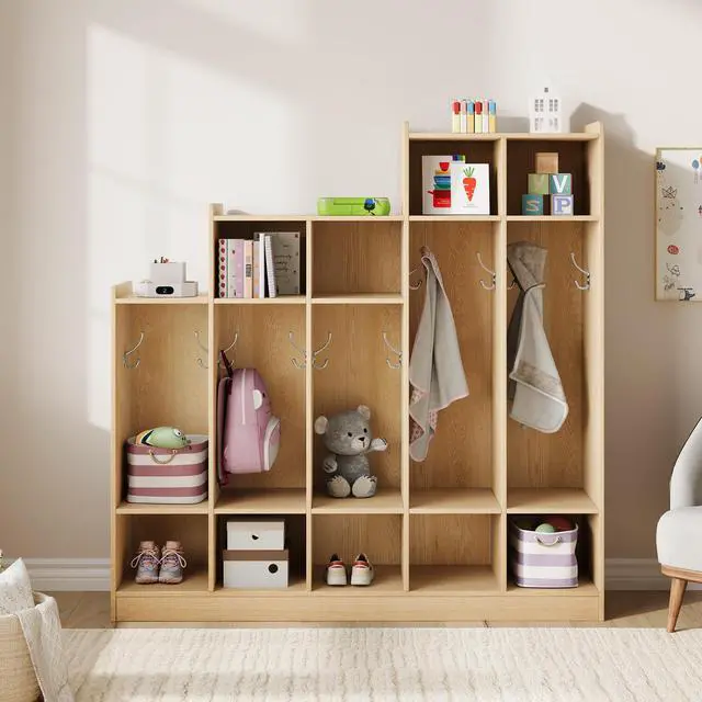 Alt view image 6 of 6 - 5-Section Classroom Coat Locker with 9 Cubbies, Daycare Cubby Storage Organizer with 10 Hooks for Home, School, Nursery, Kindergarten, Natural