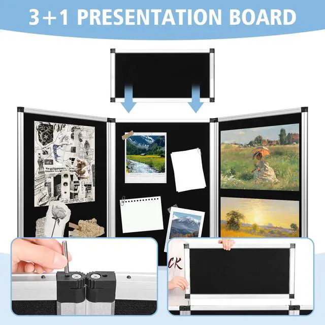 Alt view image 5 of 6 - 3+1 Panel Folding Trade Show Presentation Board 70.8 x 35.4 Trifold Desktop Display Board with Carry Bag Large Metal Frame Tabletop Display 4 Panels-Black