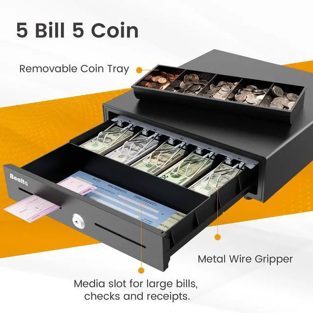 Alt view image 4 of 6 - 16" Heavy Duty Cash Drawer Auto Open 5 Bill/5 Coin with Emergency Switch RJ11/12 Compatible with Square, Clover, Epson Printers BK1616E