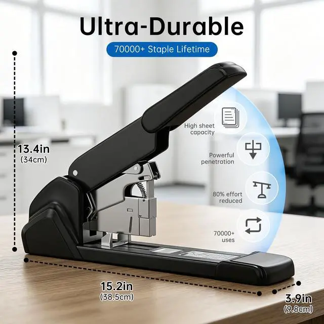 Alt view image 2 of 6 - Heavy Duty Stapler, Industrial Grade, 240 Page Capacity, Ergonomic, Effortless, Extra Large Desktop Stapler, Suitable for Offices and classrooms, Anti-Jamming Metal Construction, Includes Staples