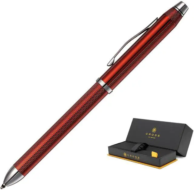 Main image of Tech3+ with Sophisticated Brushed Red Diamond Pattern Finish Barrel, 0.5mm Pencil, Black and Red Ink Refills, Interchangeable Cap Tops in Premium gift box