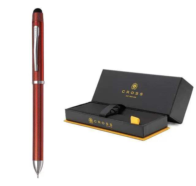 Alt view image 2 of 6 - Tech3+ with Sophisticated Brushed Red Diamond Pattern Finish Barrel, 0.5mm Pencil, Black and Red Ink Refills, Interchangeable Cap Tops in Premium gift box