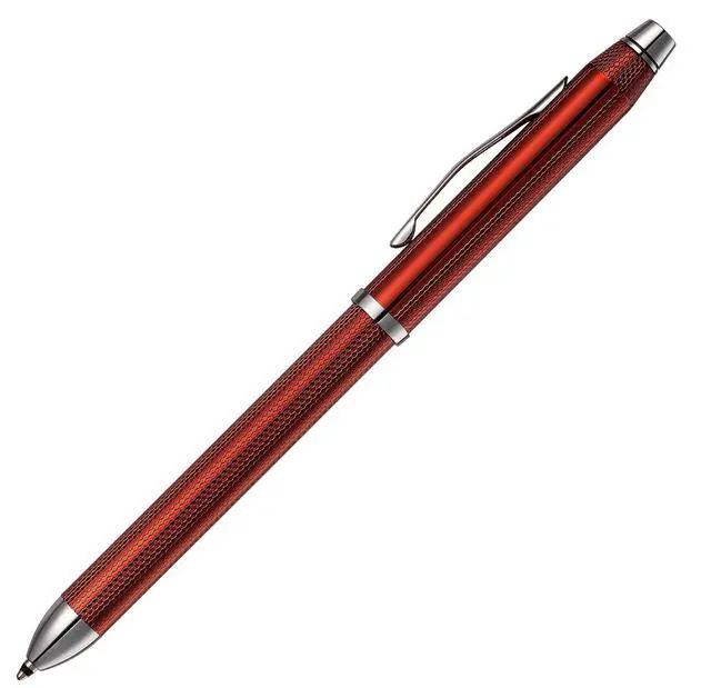 Alt view image 3 of 6 - Tech3+ with Sophisticated Brushed Red Diamond Pattern Finish Barrel, 0.5mm Pencil, Black and Red Ink Refills, Interchangeable Cap Tops in Premium gift box