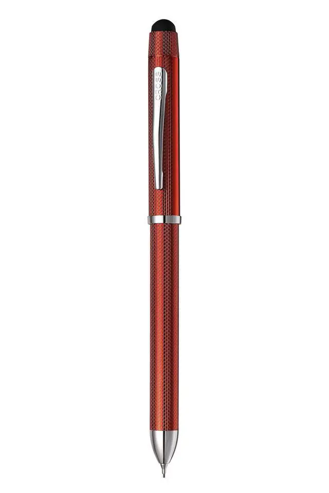 Alt view image 4 of 6 - Tech3+ with Sophisticated Brushed Red Diamond Pattern Finish Barrel, 0.5mm Pencil, Black and Red Ink Refills, Interchangeable Cap Tops in Premium gift box