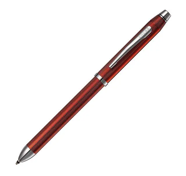 Alt view image 5 of 6 - Tech3+ with Sophisticated Brushed Red Diamond Pattern Finish Barrel, 0.5mm Pencil, Black and Red Ink Refills, Interchangeable Cap Tops in Premium gift box
