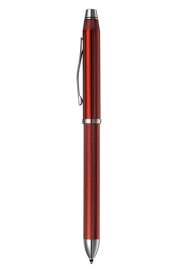 Alt view image 6 of 6 - Tech3+ with Sophisticated Brushed Red Diamond Pattern Finish Barrel, 0.5mm Pencil, Black and Red Ink Refills, Interchangeable Cap Tops in Premium gift box