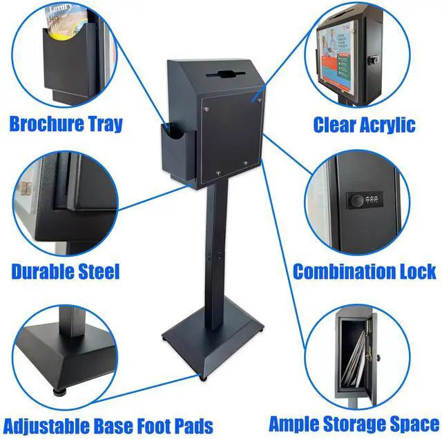 Alt view image 5 of 6 - Suggestion Box with Stand, Floor Standing Offering Box,Metal Combination Lock Ballot Collection Safe Box for Voting,Charity,Donation,Church,Election,Hospital Feedback,and Car Rental Key Return,Black