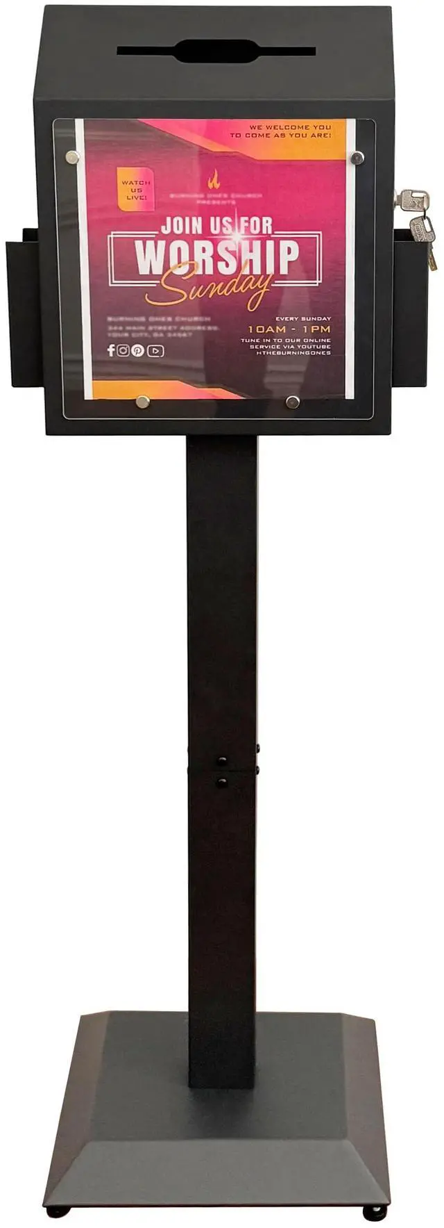 Main image of Floor Standing Offering Box with Stand, Locking Suggestion Box, Heavy-Duty Metal Donation, Ballot & Feedback Box for Church, Office, Hospital, Voting, Fundraising & Comments, Black