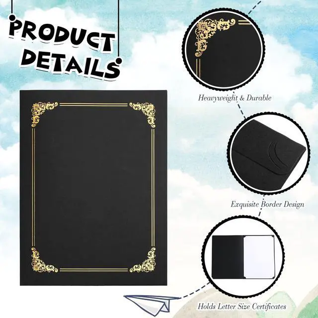 Alt view image 3 of 6 - 200 Pcs 8.5 x 11 Certificate Holders Diploma Holders Document Covers with Gold Foil Border Certificate Folders for Letter Size Diploma Graduation Documents Awards Cardstock(Black)