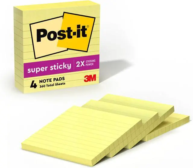 Main image of Super Sticky Notes, 4in x 4in, 4 Pads, 2X The Sticking Power, Canary Yellow, Recyclable (675-4SSCY) (Pack of 6)