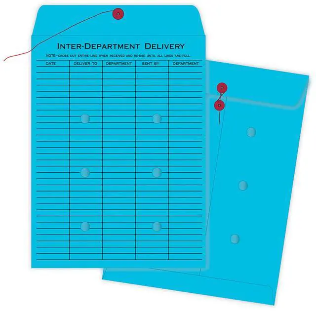 Main image of Interdepartment String & Button Closure Envelopes, 10" x 13", 1-Sided Narrow Rule, Blue, Box of 100 (QUA63577)