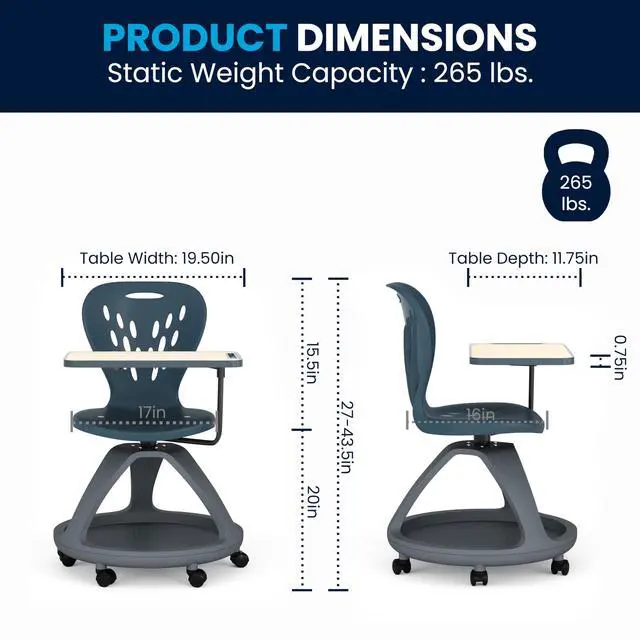 Alt view image 3 of 6 - Laikyn Dark Gray Mobile Desk Chair with 360 Degree Tablet Rotation and Under Seat Storage Cubby