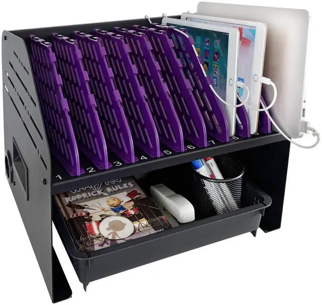 Main image of 10-Device Laptop Charging Station for Chromebooks, iPad & Tablets | 6 AC Outlets & 4 Fast-Charging USB Ports, Fits Devices up to 1.375" Thick, For Classroom, Office & Home, Cable Management