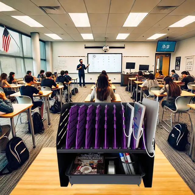 Alt view image 2 of 6 - 10-Device Laptop Charging Station for Chromebooks, iPad & Tablets | 6 AC Outlets & 4 Fast-Charging USB Ports, Fits Devices up to 1.375" Thick, For Classroom, Office & Home, Cable Management