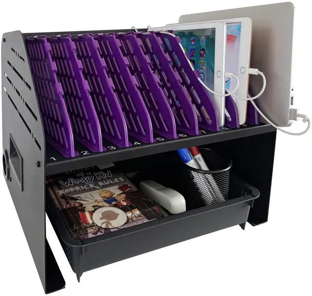 Alt view image 6 of 6 - 10-Device Laptop Charging Station for Chromebooks, iPad & Tablets | 6 AC Outlets & 4 Fast-Charging USB Ports, Fits Devices up to 1.375" Thick, For Classroom, Office & Home, Cable Management