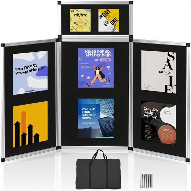 Main image of 3+1 Panel Trade Show Presentation Board, 70.8" x 35.4" Portable Panel Display, Folding 3 Panel Exhibition Boards Double Sided Tabletop Display Black Hook & Loop-Receptive Fabric with Bag