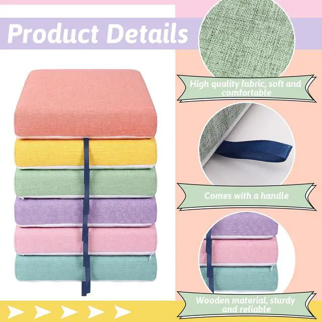 Alt view image 3 of 6 - 6 Pcs Crate Seat Cushions for Classroom 1.18" Thick Squares Wooden Foam Cushions Alternative Classroom Seating Suitable for 17.25'' x 14.25'' Plastic Storage Crate Seat(Pastel)