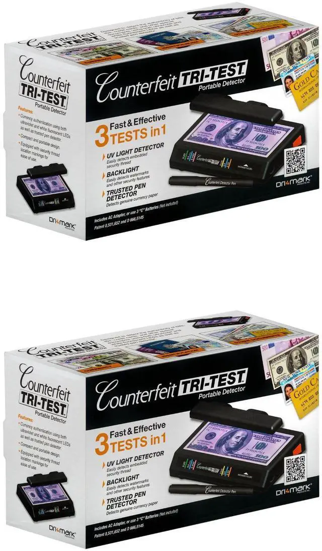 Main image of Tri Test 2.0 Counterfeit Bill Detector Machine w/AC Adapter - 2 Pack - 3 Tests in 1 - Paper, Security Strip and Watermark Tests, Accurate Money Tester Machine with Counterfeit Detection Pen