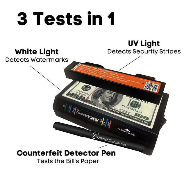 Alt view image 2 of 6 - Tri Test 2.0 Counterfeit Bill Detector Machine w/AC Adapter - 2 Pack - 3 Tests in 1 - Paper, Security Strip and Watermark Tests, Accurate Money Tester Machine with Counterfeit Detection Pen
