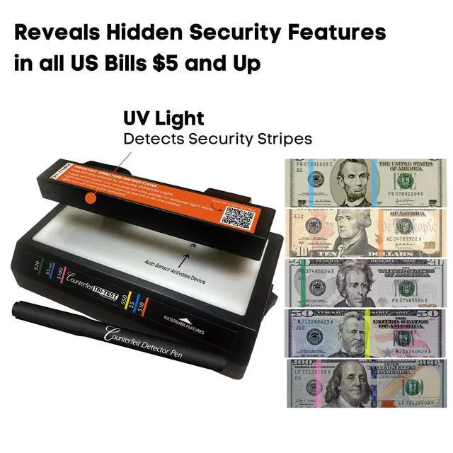 Alt view image 4 of 6 - Tri Test 2.0 Counterfeit Bill Detector Machine w/AC Adapter - 2 Pack - 3 Tests in 1 - Paper, Security Strip and Watermark Tests, Accurate Money Tester Machine with Counterfeit Detection Pen
