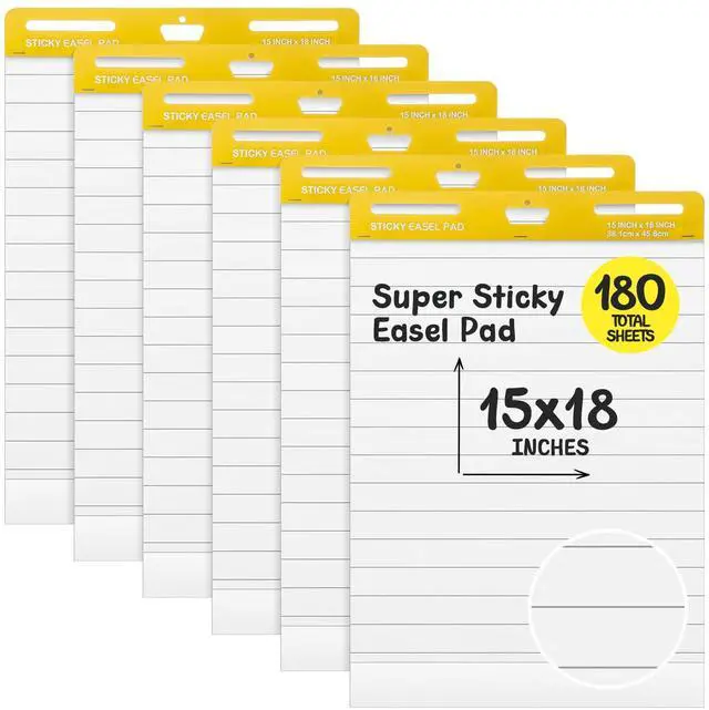 Main image of 6 Pcs Chart Paper Lined Sticky Easel Pad, 30 Sheets/Pad 15 x 18 Inch Flip Large Chart Paper Sticky for Wall, Self Stick Easel Pads for Office School Classroom Residue-free & Easyremoval
