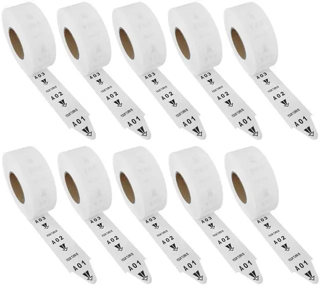 Main image of 10 Rolls - Number Tickets for Waiting Line (A00-E99, 3000 Tickets/Roll) - Take a Turn Tickets for Pickup/Order/Deli Counters, Service Windows & Reception Desk