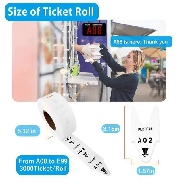 Alt view image 3 of 6 - 10 Rolls - Number Tickets for Waiting Line (A00-E99, 3000 Tickets/Roll) - Take a Turn Tickets for Pickup/Order/Deli Counters, Service Windows & Reception Desk