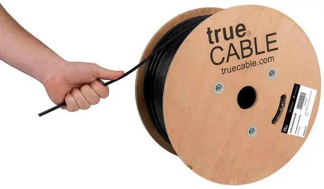Main image of TRUE CABLE Cat5e Direct Burial Bulk Ethernet Cable, Unshielded U/UTP, 1000ft, Black, Waterproof, Outdoor OSP Jacket, 24AWG Solid Bare Copper, 350MHz, PoE++ 100W