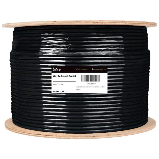 Alt view image 3 of 7 - TRUE CABLE Cat5e Direct Burial Bulk Ethernet Cable, Unshielded U/UTP, 1000ft, Black, Waterproof, Outdoor OSP Jacket, 24AWG Solid Bare Copper, 350MHz, PoE++ 100W