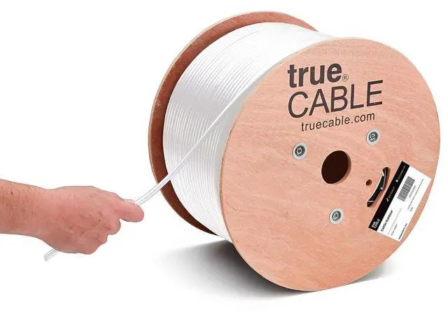 Main image of TRUE CABLE Cat5e Outdoor Bulk Ethernet Cable, Unshielded, 1000ft, White, UV Resistant, OSP Jacket, 24AWG Solid Bare Copper, 350MHz, PoE++ (4PPoE)