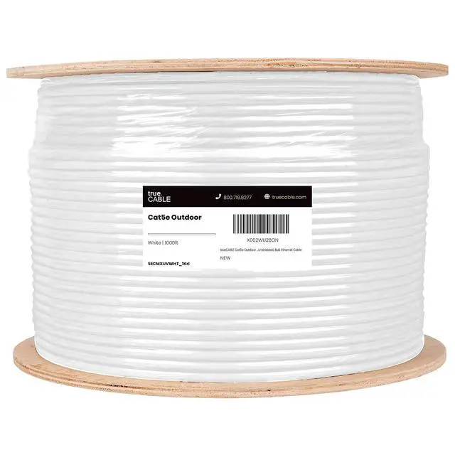 Alt view image 3 of 7 - TRUE CABLE Cat5e Outdoor Bulk Ethernet Cable, Unshielded, 1000ft, White, UV Resistant, OSP Jacket, 24AWG Solid Bare Copper, 350MHz, PoE++ (4PPoE)