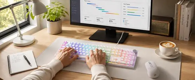 Alt view image 5 of 7 - i-rocks K71M RGB Mechanical Gaming Keyboard with Media Control Knob, Switches (Brown), 107 Keys w/Full NKRO, PBT Keycaps, Multimedia Hotkeys, Detachable USB-C Cable and Onboard Storage, White