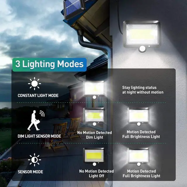 Alt view image 3 of 7 - Solar Flood Lights Outdoor 2 Pack LED Motion Sensor Solar Powered Waterproof with 3 Lighting Modes 16.4Ft Cable for Garden Patio Path Yard Garage Indoor